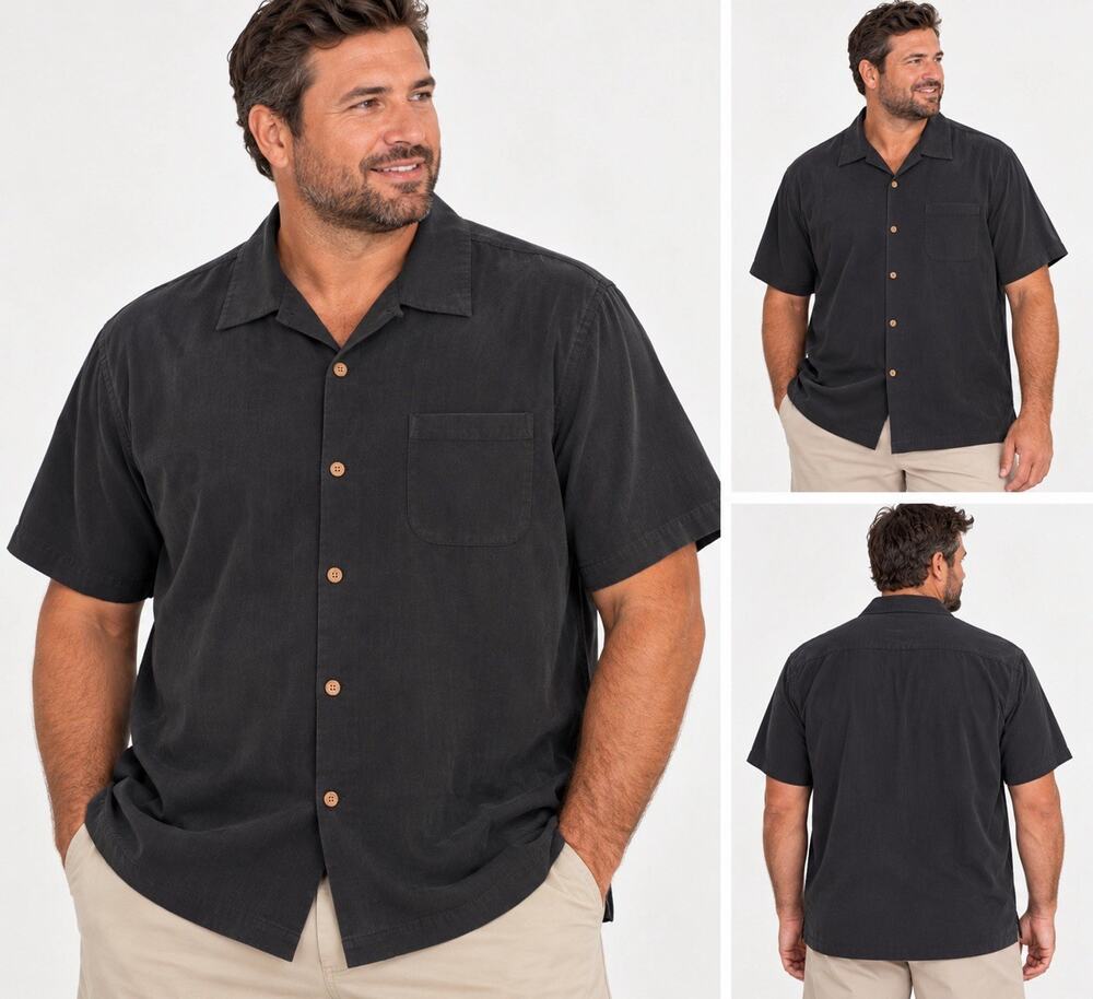 Tommy Bahama Men's XXL Big & Tall Black Solid Woven Silk SS Button-Up Pockets